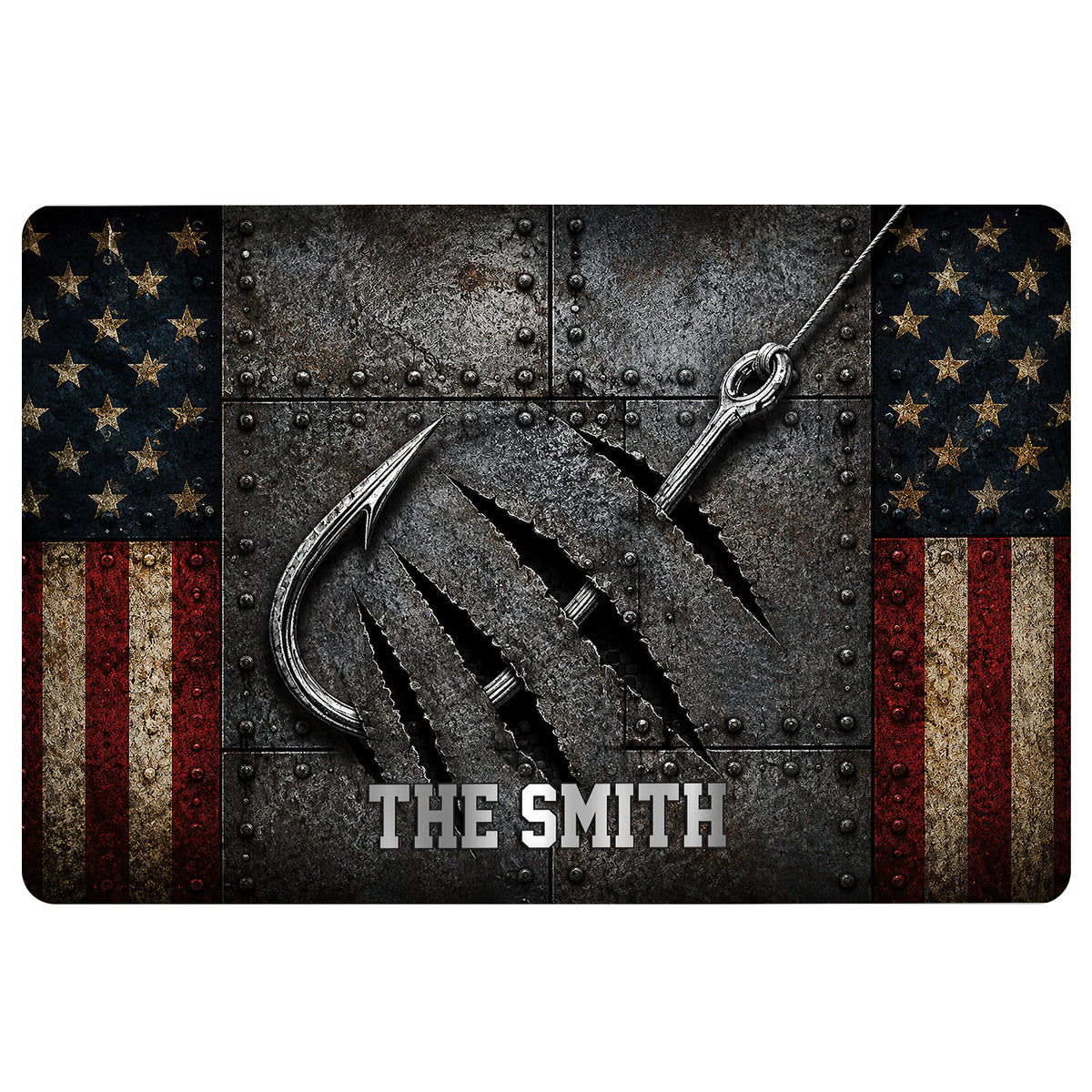 Fishing-themed doormat with crossed hooks, rugged metal texture, stars, and distressed red, white, and blue stripes
