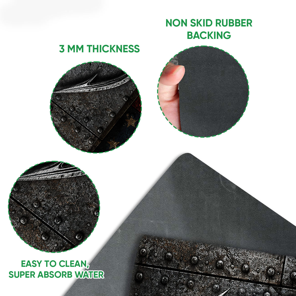 Close-up detail of the fishing doormat surface and black rubber backing shown in a product feature layout