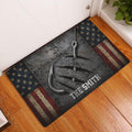 Fishing hook doormat displayed at a front door on hardwood flooring with distressed patriotic accents
