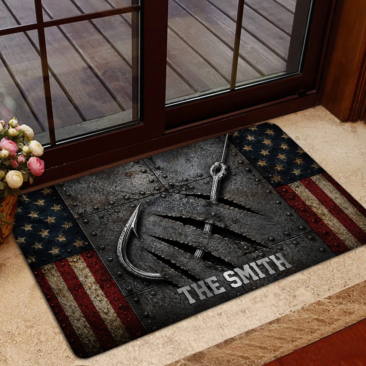 Fishing-themed door mat styled inside a home entrance with crossed hooks and distressed patriotic colors