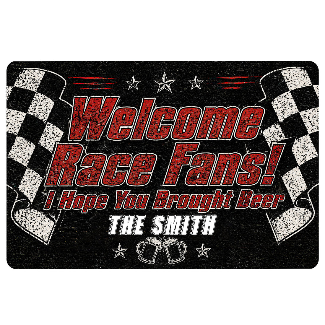 Black racing doormat with red lettering, checkered flags, stars, beer mugs, and a bold race fan theme