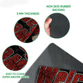 Close-up feature guide showing the racing doormat surface, rubber backing, and easy-clean construction