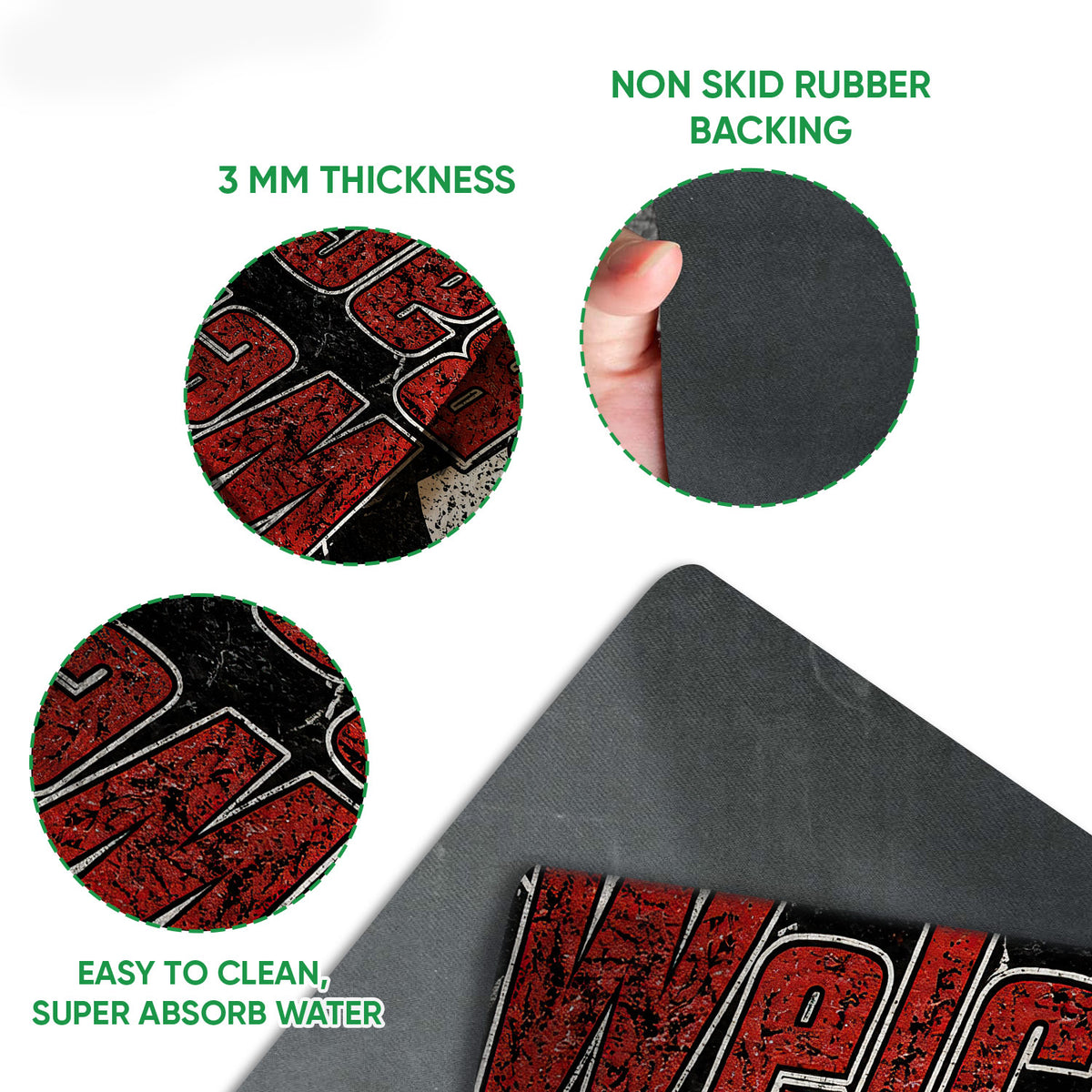 Close-up feature guide showing the racing doormat surface, rubber backing, and easy-clean construction