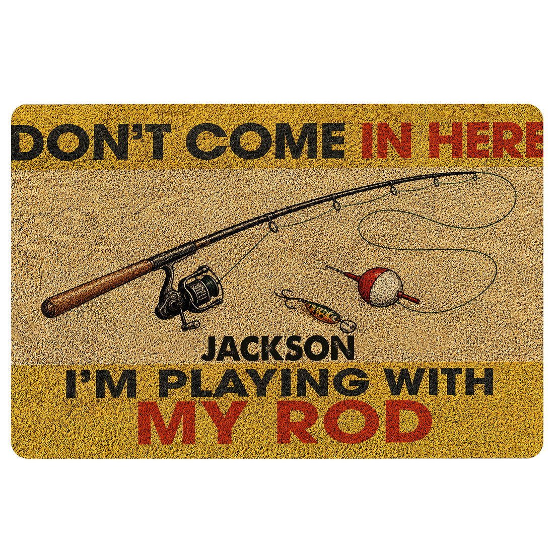 Fishing doormat with a rod, reel, bobber and lure in warm yellow, tan, black and red tones