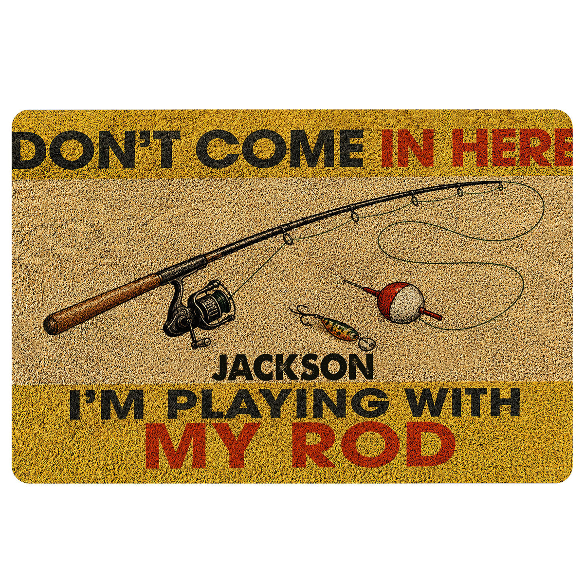 Fishing doormat with a rod, reel, bobber and lure in warm yellow, tan, black and red tones