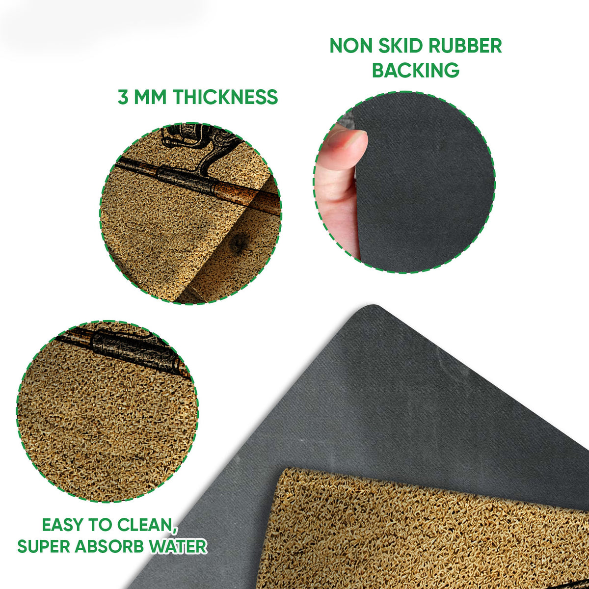 Close-up view of the fishing doormat's textured top and black rubber backing