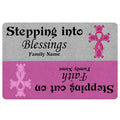 Breast cancer awareness doormat with a pink ribbon, gray and pink design, and uplifting blessing message