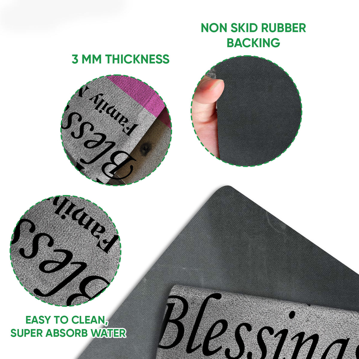 Close-up feature view showing the printed breast cancer ribbon doormat and its black rubber backing