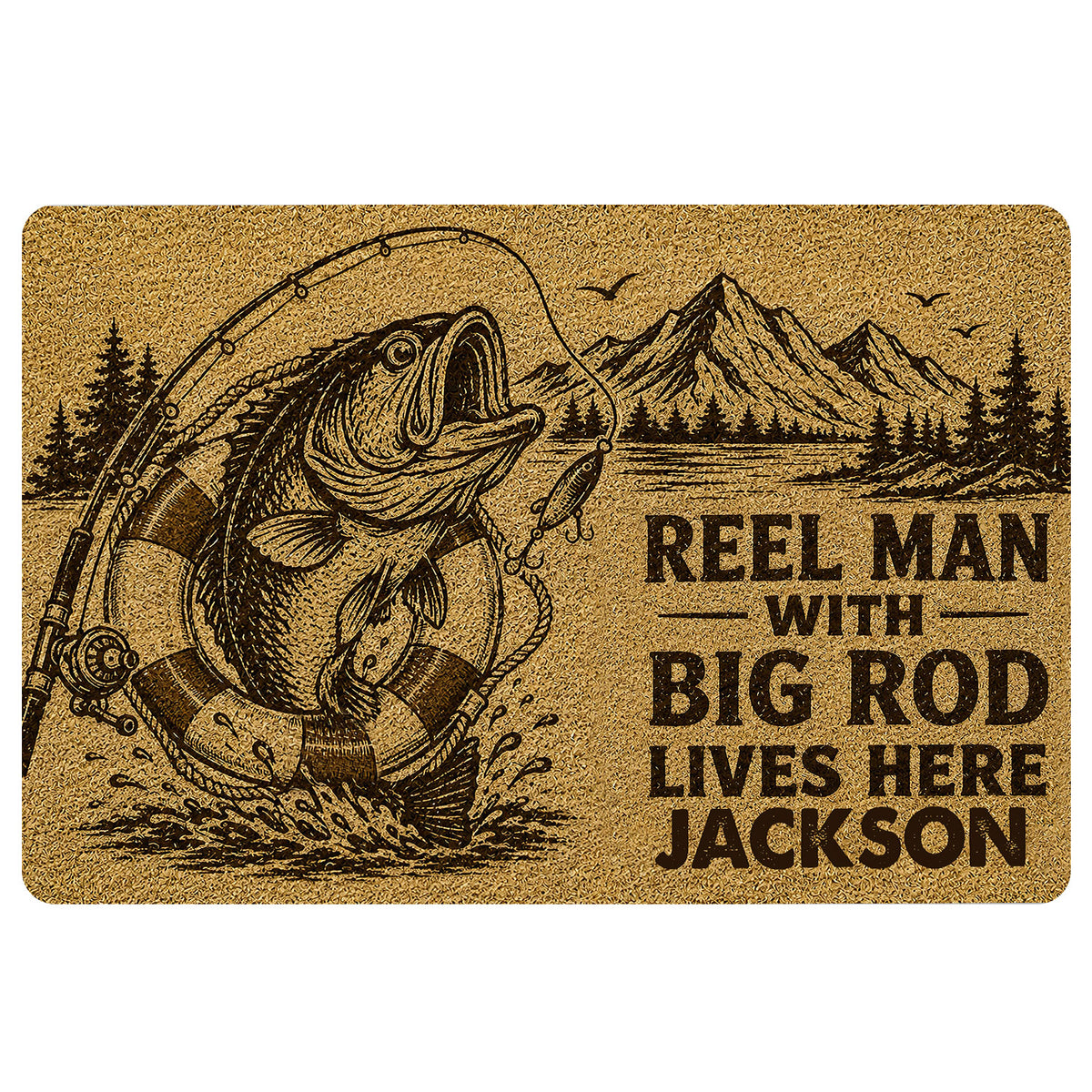 Fishing doormat featuring a leaping fish, fishing rod, mountain lake scene, and bold angler artwork