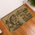 Fishing doormat displayed at a home entrance with a fish, rod, mountains, and rustic artwork