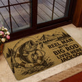 Fishing doormat styled in an entryway with fish artwork, mountain scenery, and a bold angler message