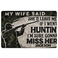 Hunting doormat with a distressed hunter graphic, rifle silhouette, and humorous lodge-style typography