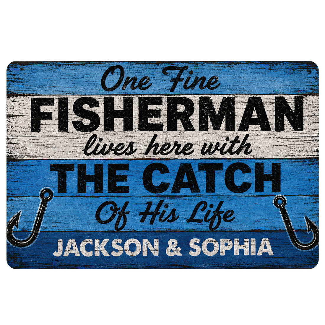 Blue fishing doormat with rustic wood texture, fishing hooks, and bold fisherman-themed lettering