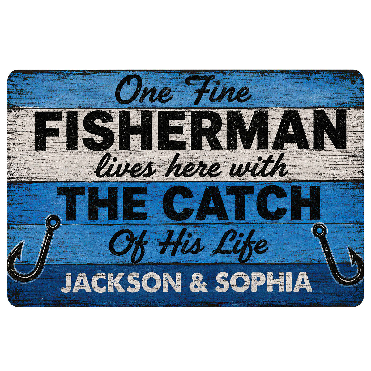 Blue fishing doormat with rustic wood texture, fishing hooks, and bold fisherman-themed lettering