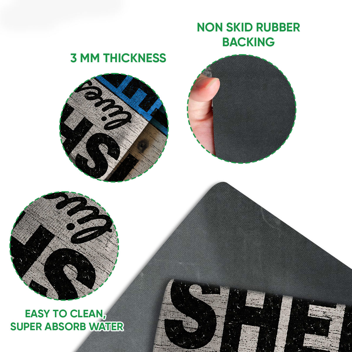 Close-up feature view showing the fishing doormat surface, rubber backing, and rounded edge