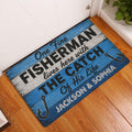 Fishing-themed doormat styled in a home entryway on a warm wood floor