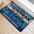 Blue and white fisherman doormat placed beside an interior doorway