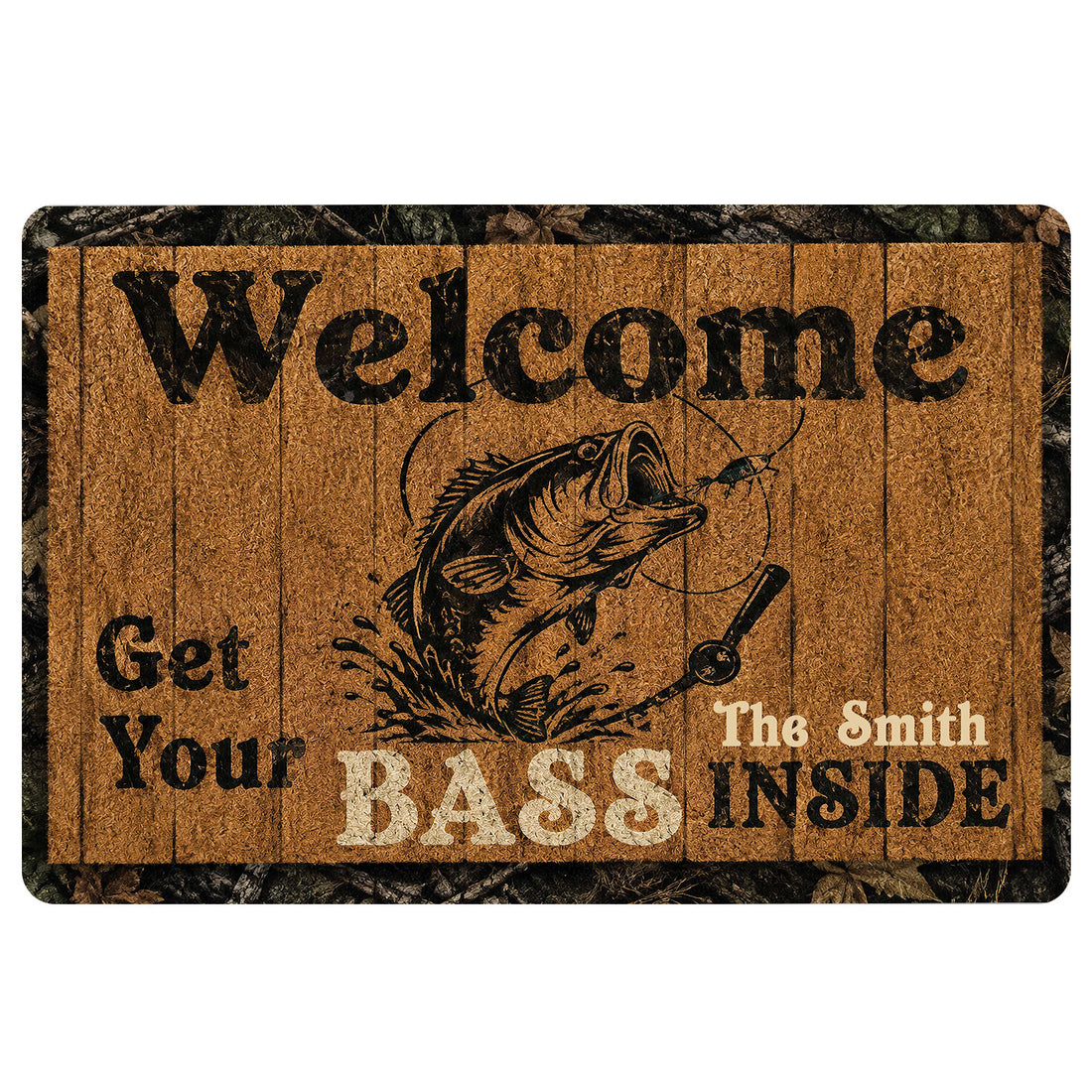 Fishing doormat with a vintage woodgrain design, leaping fish illustration, fishing rod, and welcome message