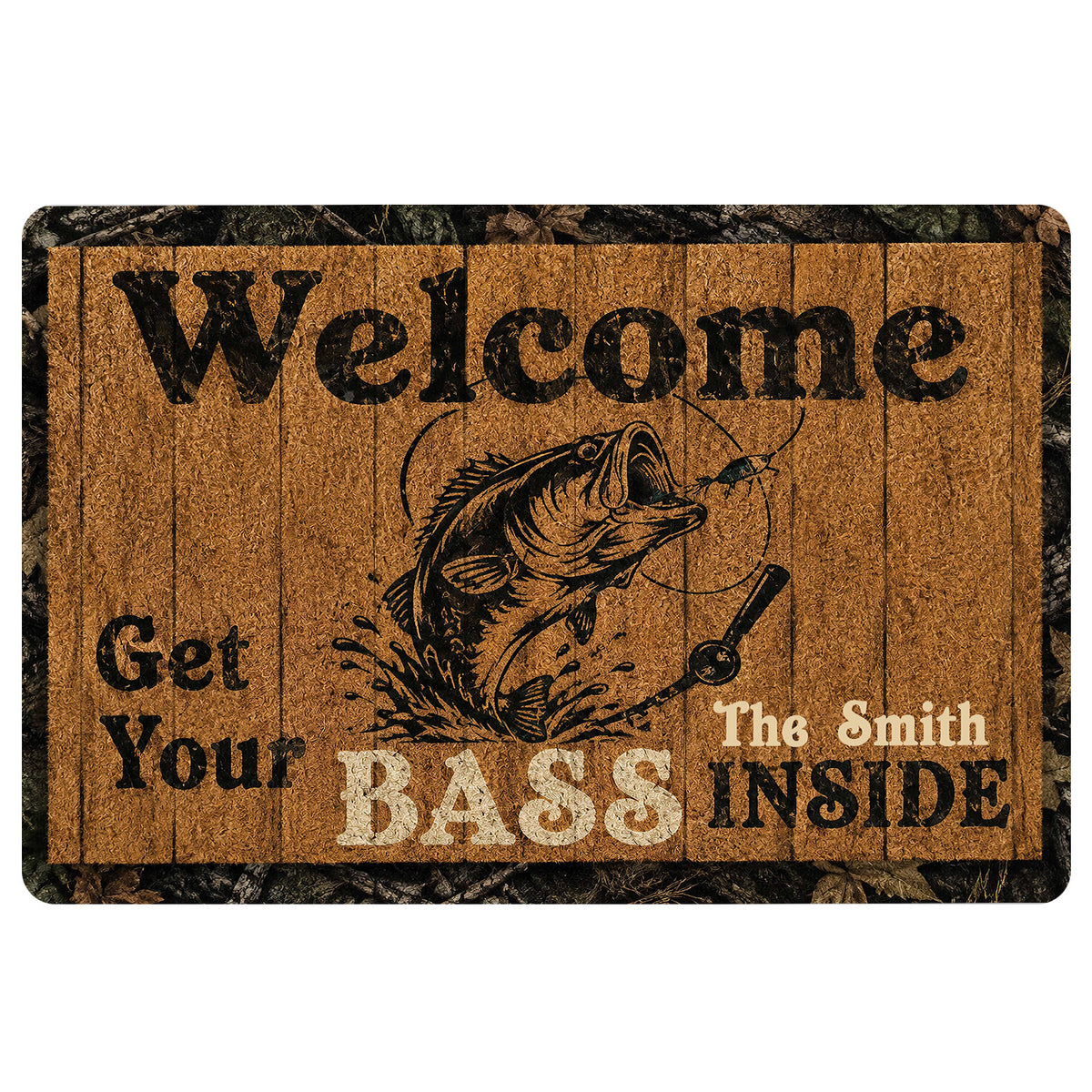 Fishing doormat with a vintage woodgrain design, leaping fish illustration, fishing rod, and welcome message