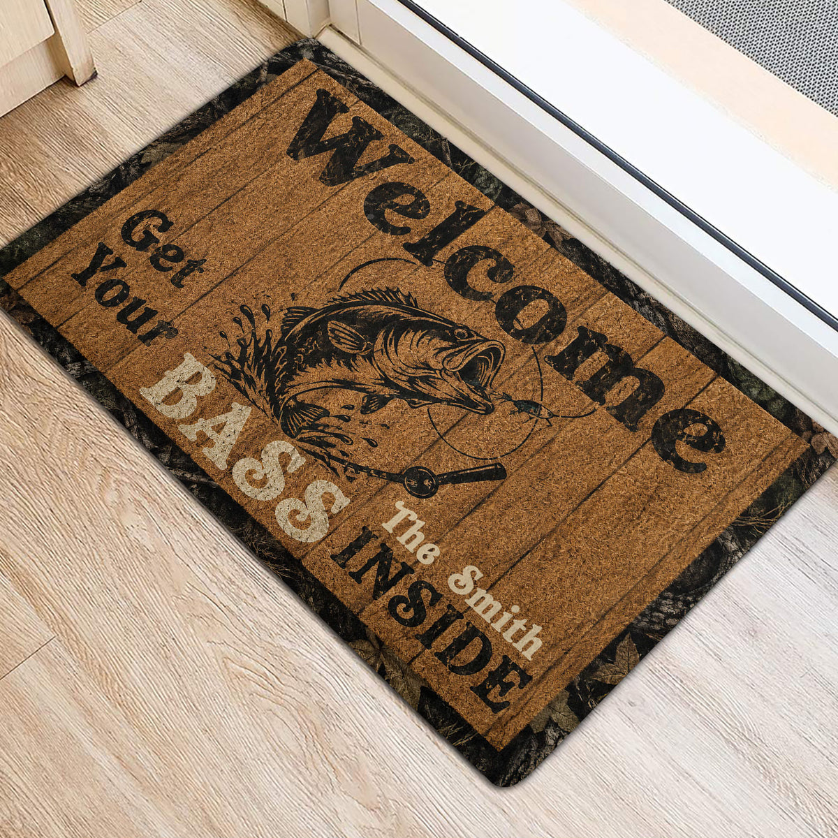 Fishing doormat placed near an interior doorway with a leaping fish and rustic woodgrain artwork
