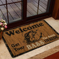 Rustic fishing doormat styled in a home entrance beside a glass door