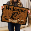 Person holding a rustic fishing doormat featuring a leaping fish and welcoming entryway artwork
