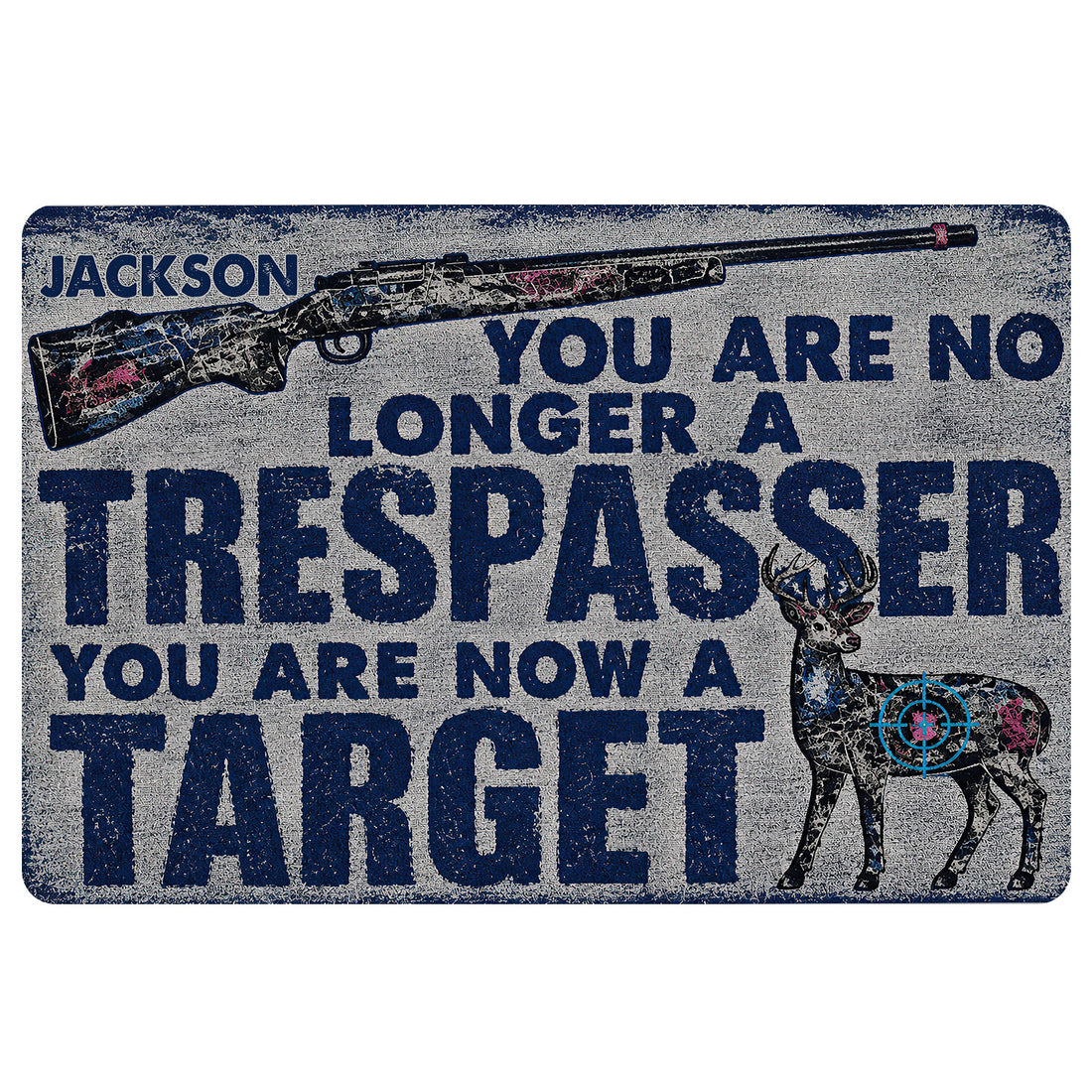 Hunting doormat featuring a detailed rifle, deer illustration, bold navy lettering, and a distressed gray design