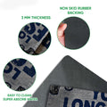 Close-up feature view of the hunting doormat showing the printed felt surface, 3 mm thickness, and rubber backing
