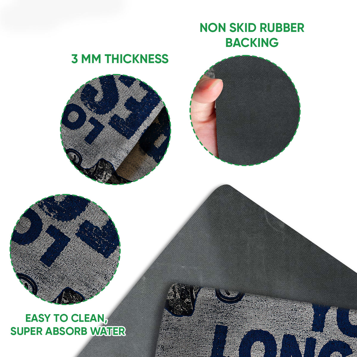 Close-up feature view of the hunting doormat showing the printed felt surface, 3 mm thickness, and rubber backing