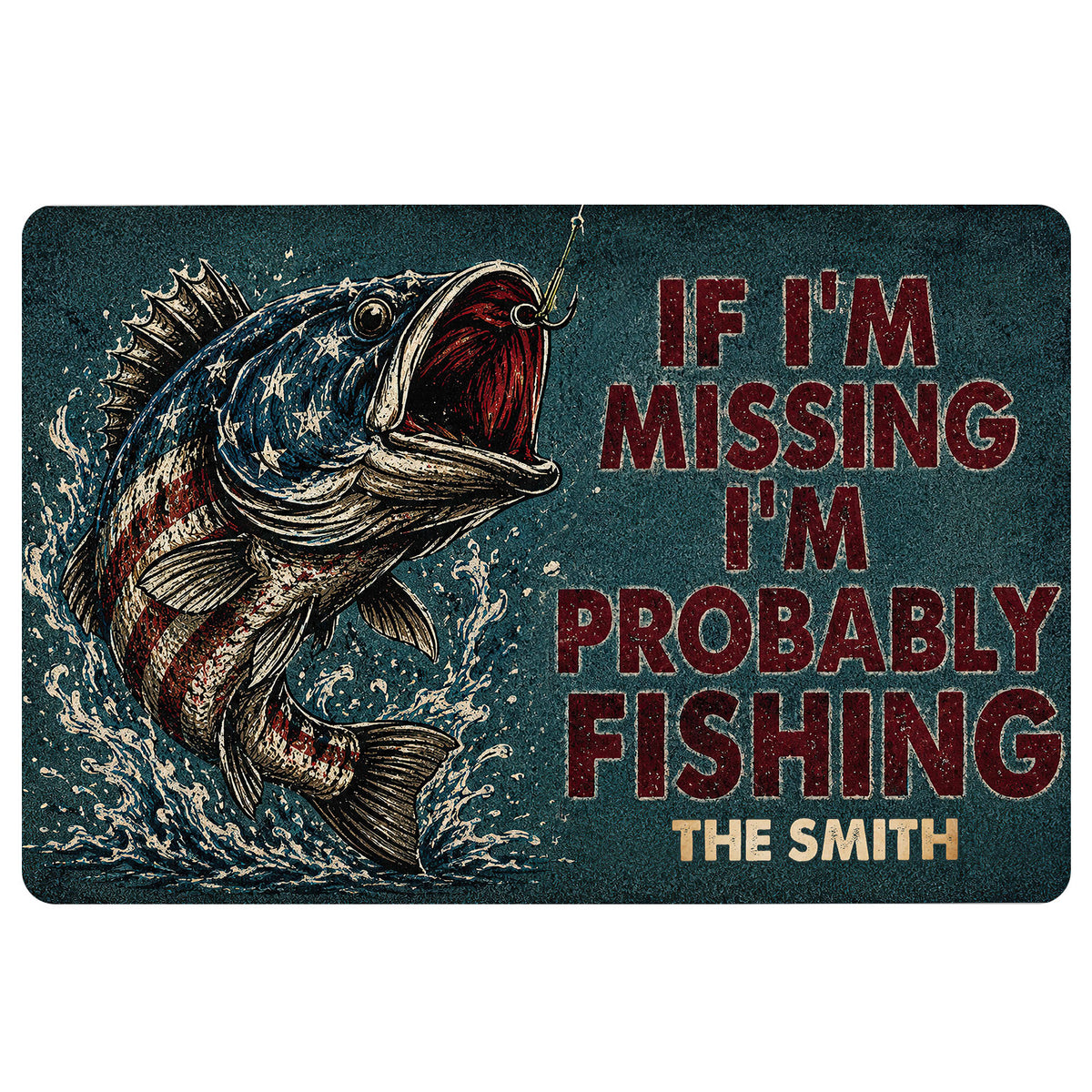 Fishing-themed doormat featuring a dramatic leaping fish, water splashes, and bold rustic artwork
