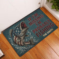 Fishing doormat displayed in a home entryway with a leaping fish and vintage-inspired artwork