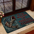 Fishing doormat styled at a glass entry door with a bold fish illustration and rustic design