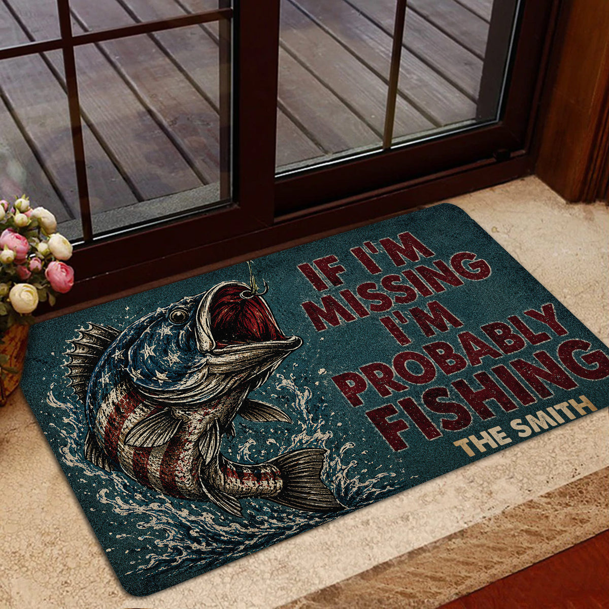 Fishing doormat styled at a glass entry door with a bold fish illustration and rustic design