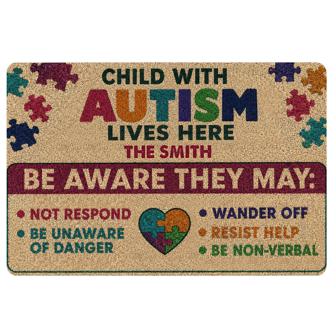 Autism awareness doormat with colorful puzzle pieces, supportive entryway message, and heart-shaped puzzle design