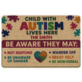Autism awareness doormat with colorful puzzle pieces, supportive entryway message, and heart-shaped puzzle design