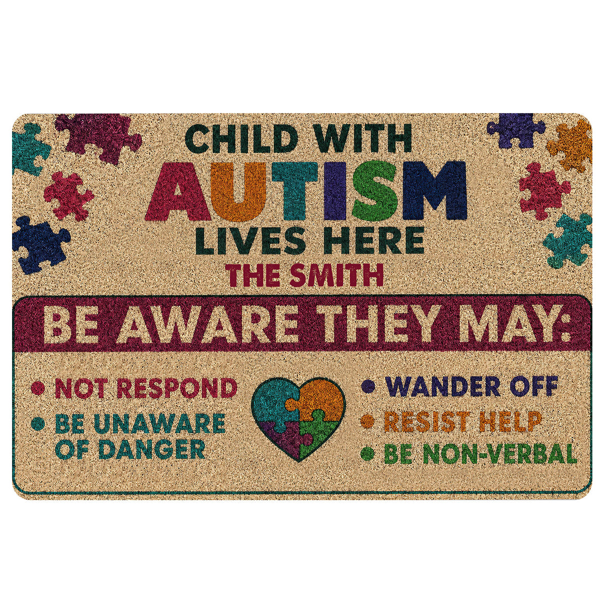 Autism awareness doormat with colorful puzzle pieces, supportive entryway message, and heart-shaped puzzle design