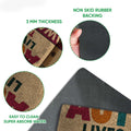 Close-up feature view of autism awareness doormat surface, rubber backing, rounded edge, and layered construction