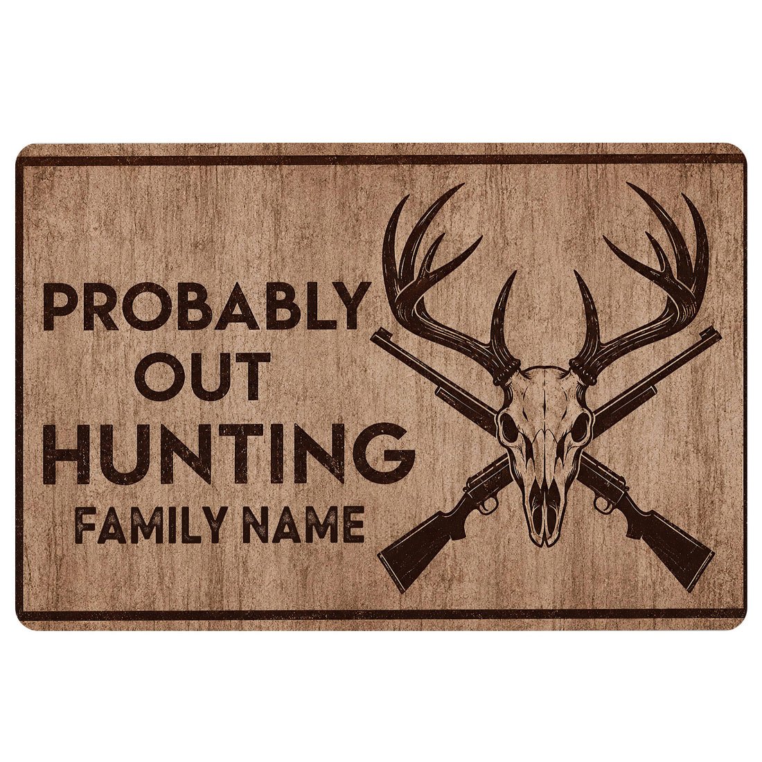 Rustic hunting doormat with deer skull, crossed rifles, bold hunting artwork, and warm brown woodgrain styling