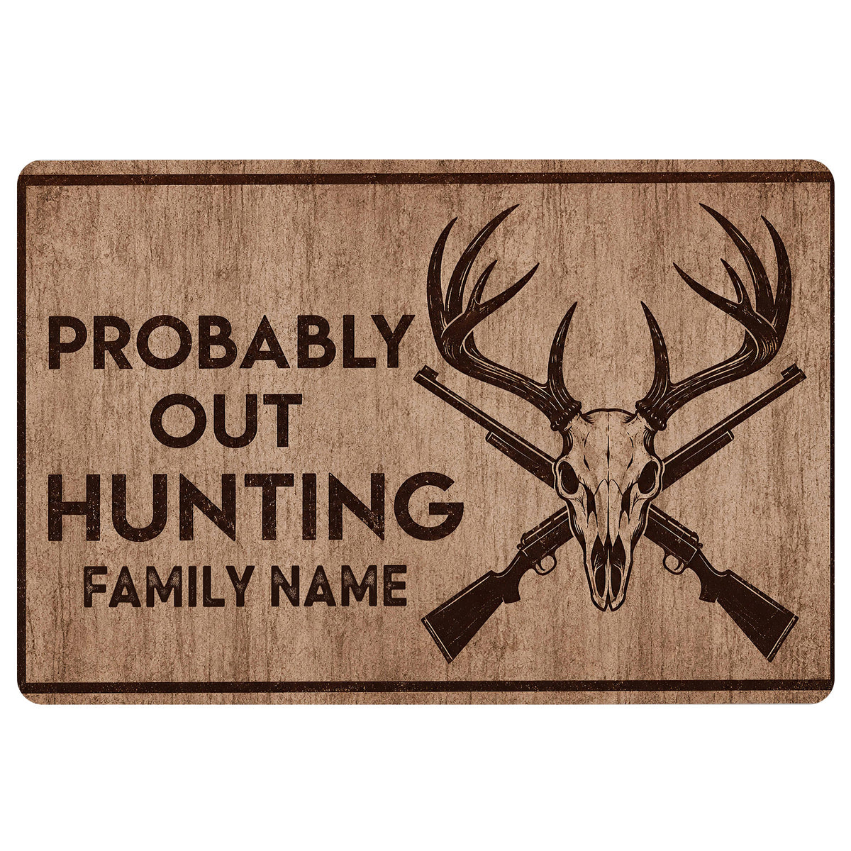 Rustic hunting doormat with deer skull, crossed rifles, bold hunting artwork, and warm brown woodgrain styling