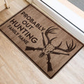 Hunting-themed door mat with deer skull and crossed rifles shown near a bright home entrance