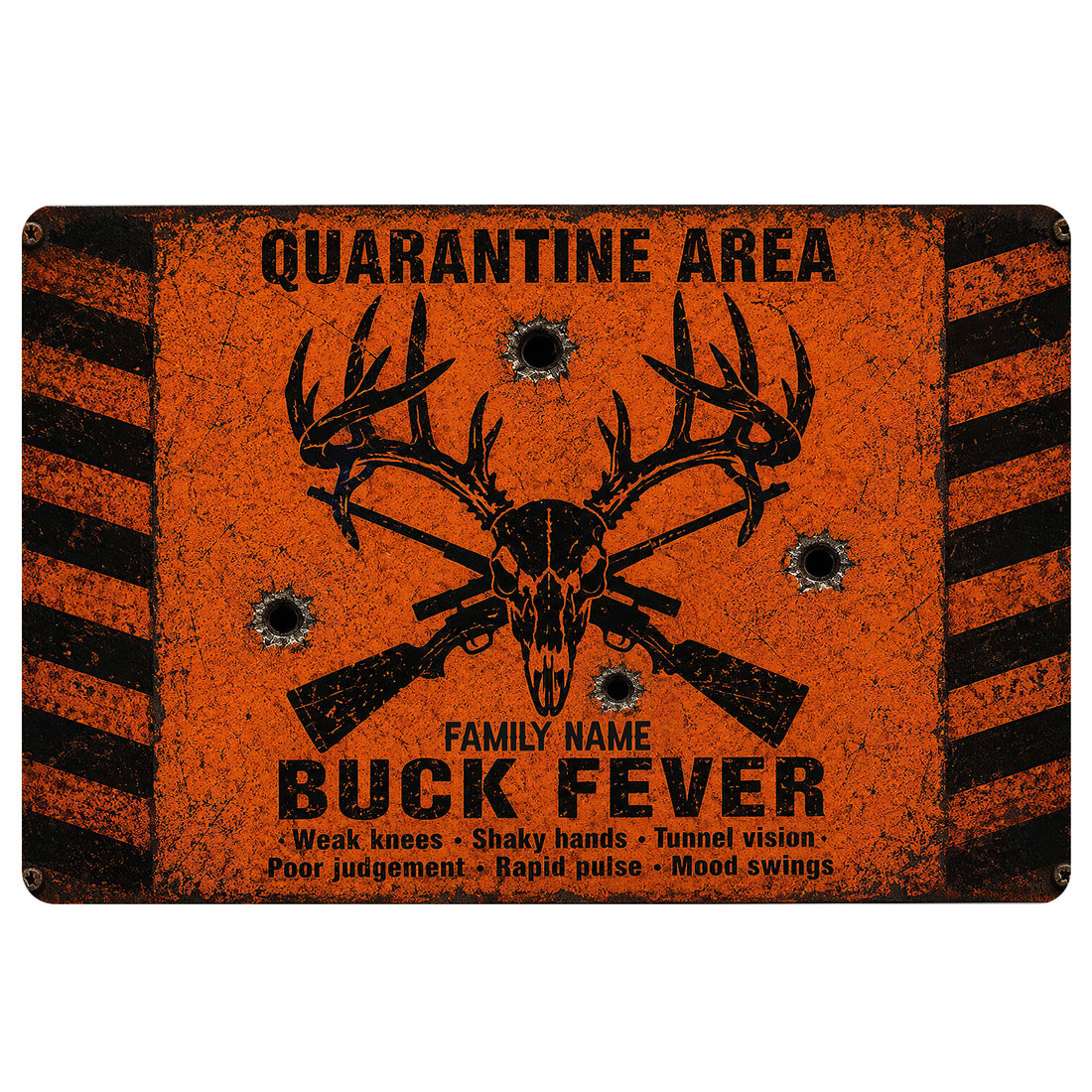 Orange and black hunting doormat with a buck skull, antlers, rifles and bold entryway artwork