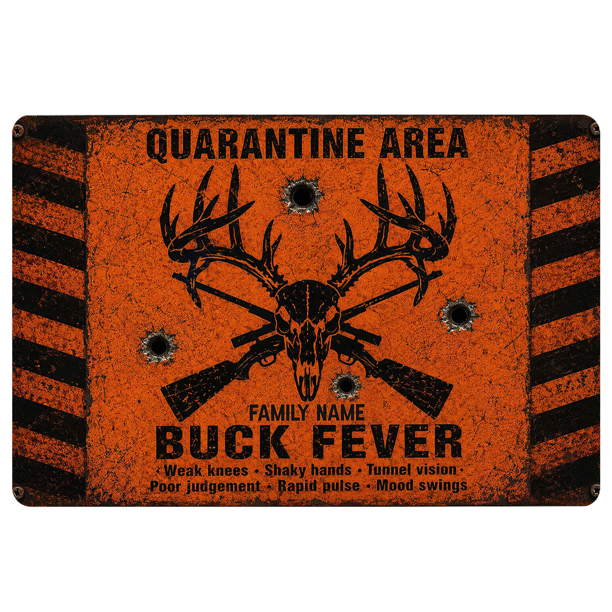Orange and black hunting doormat with a buck skull, antlers, rifles and bold entryway artwork