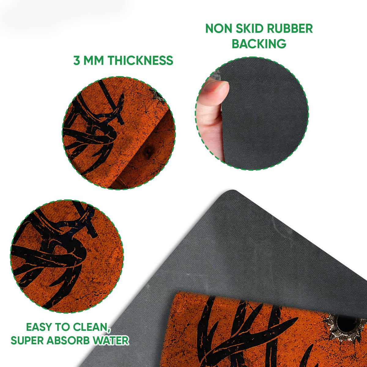 Close-up detail of the orange hunting mat surface and dark rubber underside with rounded edges