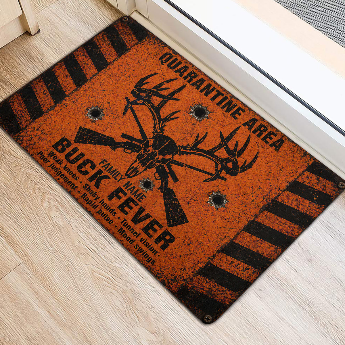 Hunting-themed deer skull doormat positioned at an indoor doorway on light wood flooring