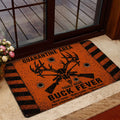 Orange buck hunting entryway mat shown near a glass door with warm home decor surroundings
