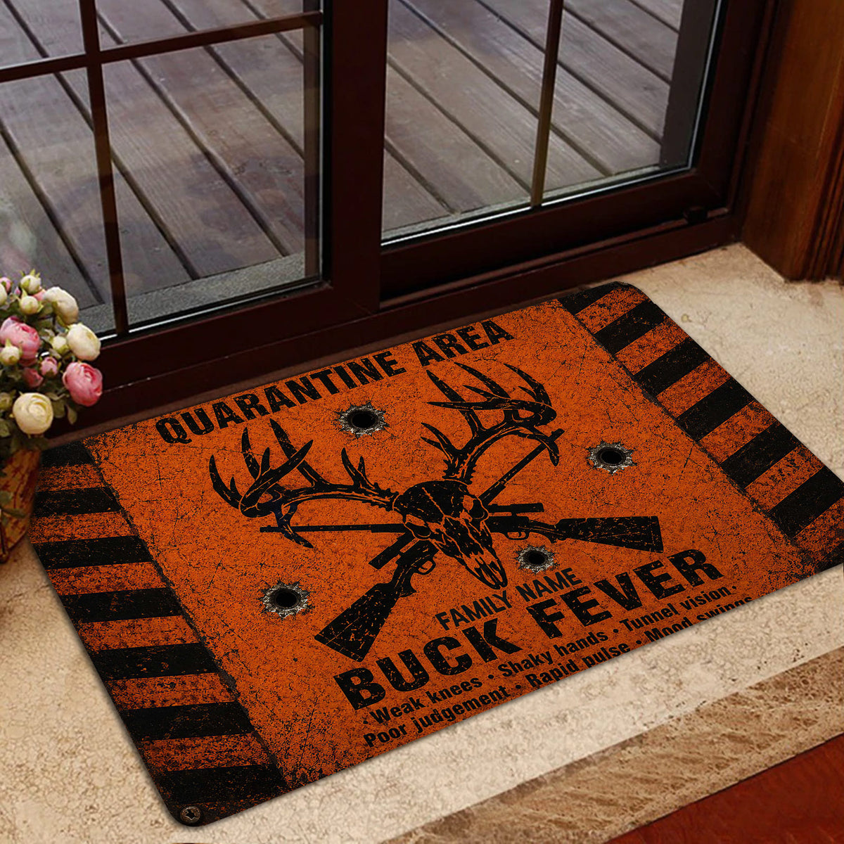 Orange buck hunting entryway mat shown near a glass door with warm home decor surroundings