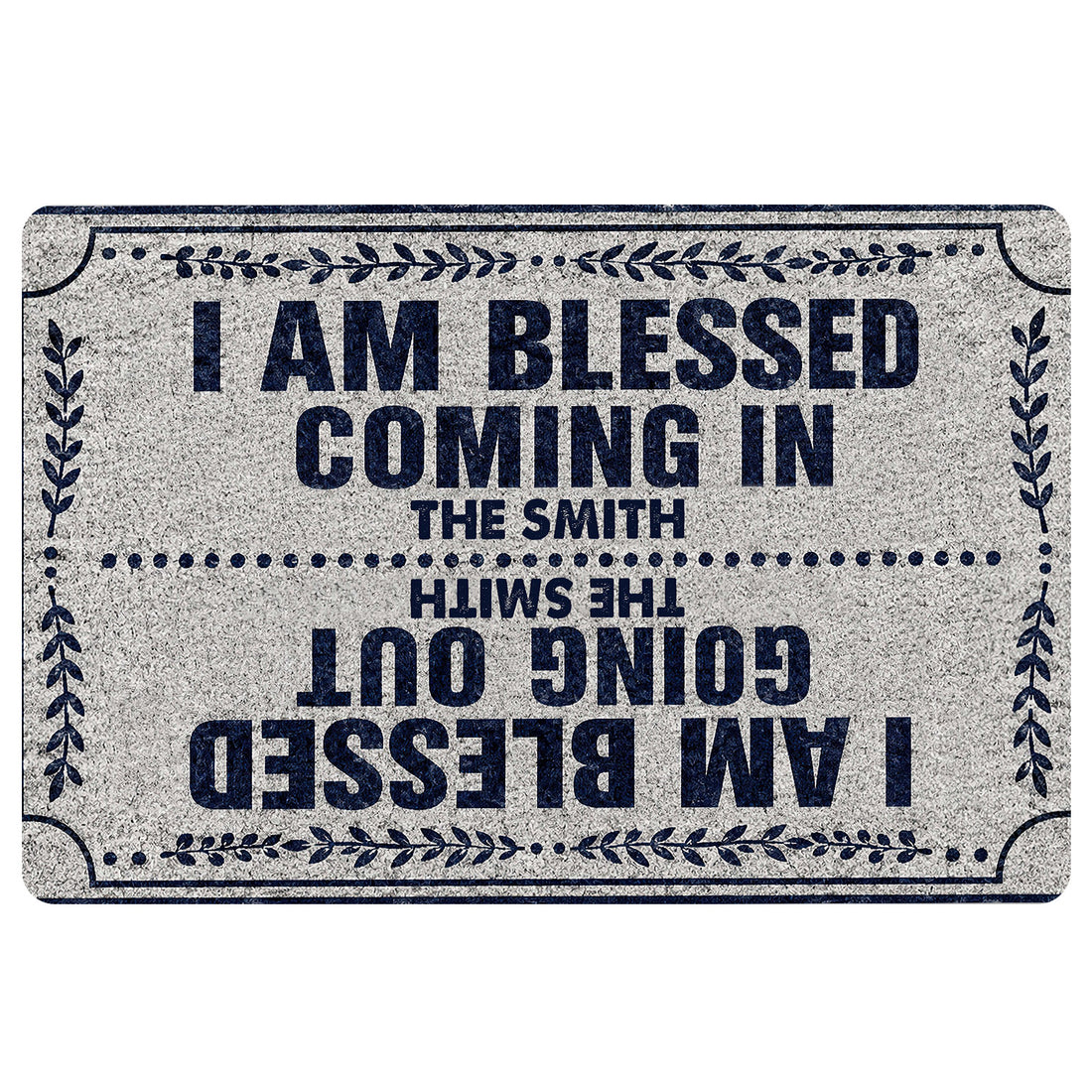 Christian doormat with a bold faith-inspired welcome message, navy lettering, and leafy decorative border