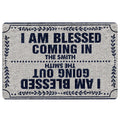Christian doormat with a bold faith-inspired welcome message, navy lettering, and leafy decorative border