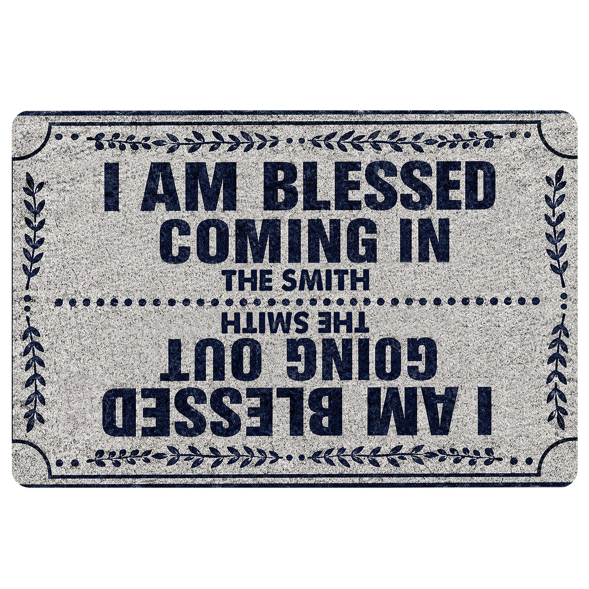 Christian doormat with a bold faith-inspired welcome message, navy lettering, and leafy decorative border