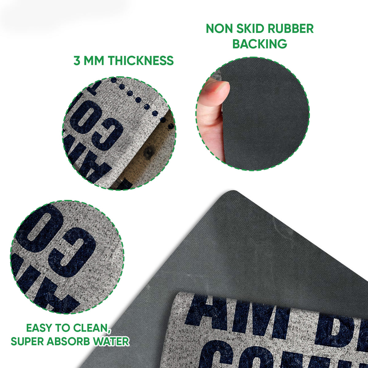 Close-up detail of the Christian doormat showing the printed surface, layered edge, and black rubber backing